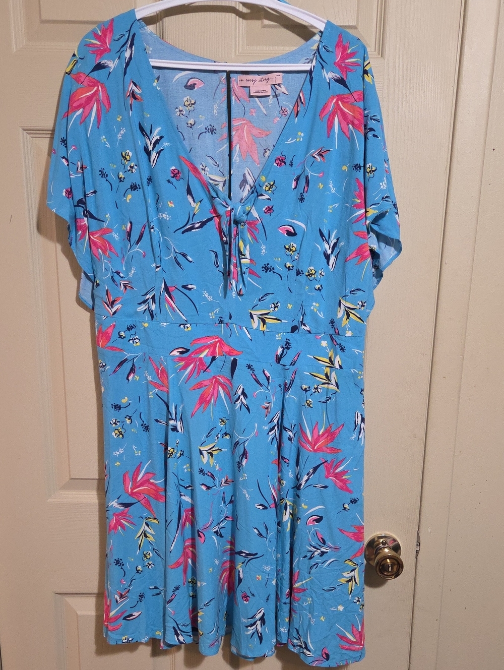 Sunny Days Blue Floral Midi Dress with Tie Neck